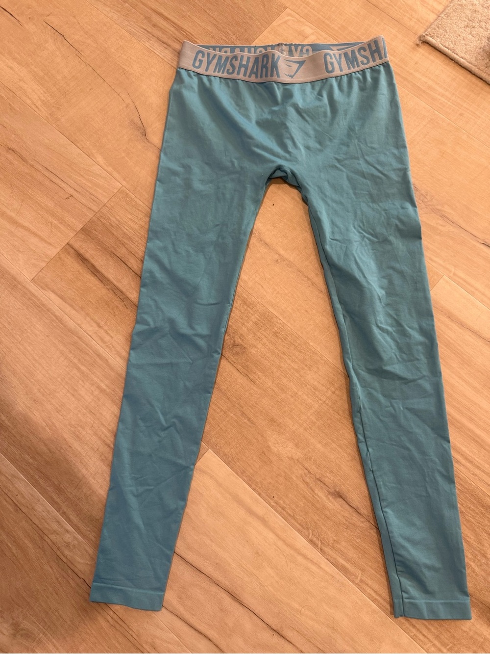 Gymshark Teal High-Rise Performance Leggings with Gray Logo Waistband